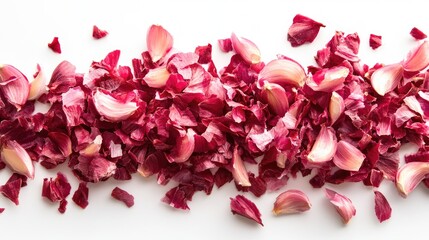 Poster - Red rose petal petals scattered on white background with copy space for text design.