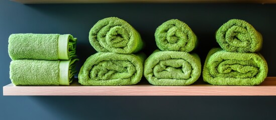 Poster - Rolled green towels neatly arranged on wooden shelf against dark background with copy space