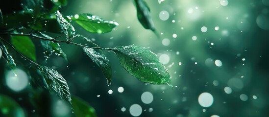 Poster - Close-up of green leaves with raindrops against a blurred background of bokeh lights and soft focus Copy Space