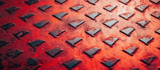 Fototapete - Textured red and black metal surface with diamond pattern and scratches Copy Space