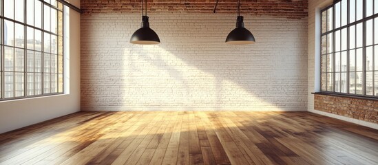 Aufkleber - Empty modern interior with wooden floor large windows and industrial pendant lights Copy Space