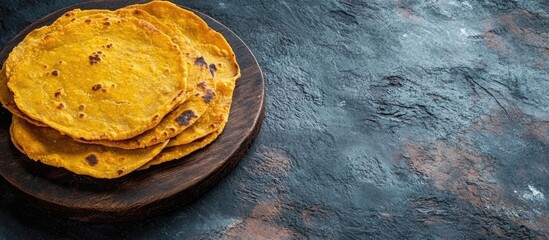 Aufkleber - Golden brown traditional flatbreads stacked on a dark wooden plate with textured dark background and Copy Space for text placement.