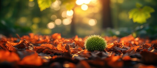 Poster - Close-up of a green chestnut burr on colorful autumn leaves in a sunlit forest setting with bokeh background and Copy Space