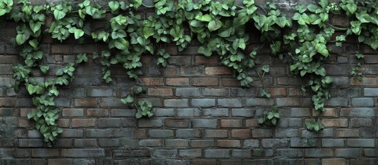 Poster - Brick wall covered with green ivy leaves and plants Copy Space