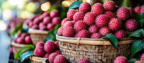 Aufkleber - Fresh ripe lychee fruits in woven baskets at a market with green leaves and blurred background Copy Space