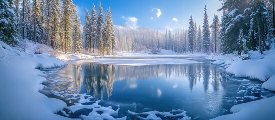 Poster - Winter landscape with frozen lake surrounded by snow-covered trees and a clear blue sky Copy Space