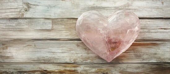 Aufkleber - Heart-shaped pink crystal on weathered wooden background with Copy Space for text placement