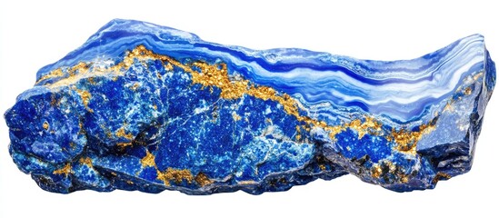 Poster - Blue and gold mineral stone with layered patterns isolated on white background Copy Space