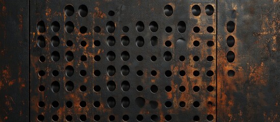 Poster - Rusty metallic surface with numerous drilled holes and a textured background featuring patina and corrosion, ideal for industrial themes. Copy Space.