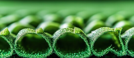 Poster - Close-up view of rolled green leaves with dew drops on a blurred green background Copy Space