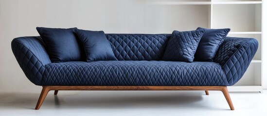 Aufkleber - Modern navy blue quilted sofa with wooden legs and decorative cushions against a light-colored wall Copy Space