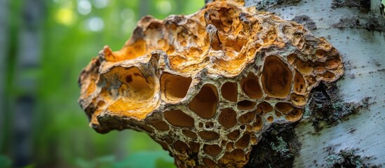 Poster - Detailed close-up of a honeycomb-like fungus growing on a birch tree trunk in a lush forest setting with blurred green background Copy Space