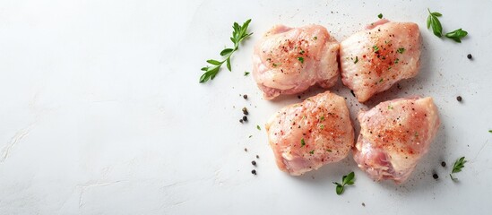 Poster - Raw chicken thighs seasoned with herbs and spices on a marble surface with fresh parsley and black pepper scattered, Copy Space.