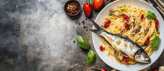 Poster - Plate of pasta with whole fish garnished with herbs and cherry tomatoes on rustic wooden table with Copy Space