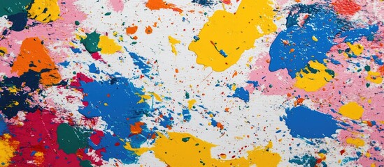 Fototapete - Colorful abstract paint splash background with vibrant splatters and textures on a white surface ideal for creative visuals Copy Space