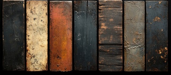 Poster - Weathered wood planks with varying textures and colors arranged side by side on a dark background Copy Space