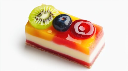 Poster - Colorful layered fruit jelly dessert on a white background with Copy Space for text placement