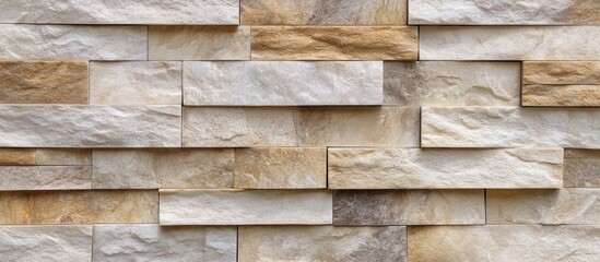 Aufkleber - Textured stacked stone wall with varying shades of beige and brown ideal for architectural backgrounds and interior design Copy Space