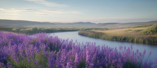 Aufkleber - Lush lavender fields along a tranquil river with mountains in the background during daytime Copy Space