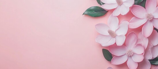 Poster - Pink background with soft pink flowers and green leaves arranged on the side featuring ample copy space for text placement.