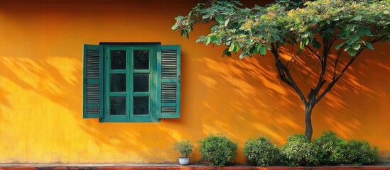 Poster - Colorful orange wall with green window shutters and tree casting shadows, decorative plants below, ample copy space for text.