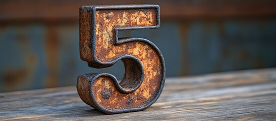 Poster - Rustic metal number five with patina on weathered wooden table background showcasing texture and detail with Copy Space
