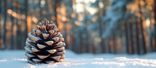 Poster - Pine cone resting on snow with forest background and bokeh effect during winter morning with copy space for text
