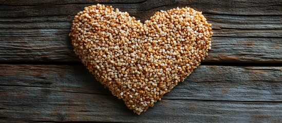 Poster - Heart shaped decoration made from sesame seeds on wooden background with copy space
