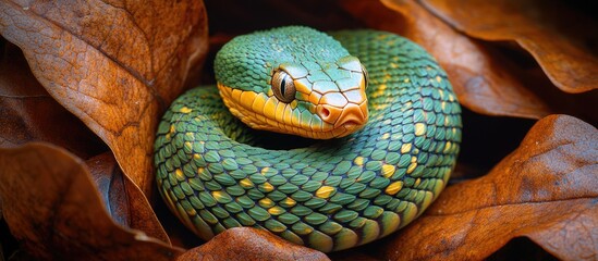 Poster - Green tree snake resting on brown leaves with detailed scales and vibrant colors Copy Space