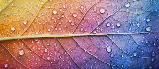 Poster - Colorful leaf close-up with water droplets and detailed vein structure on a gradient background featuring Copy Space for text insertion.