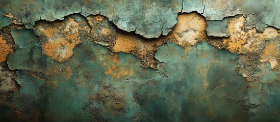 Poster - Textured abstract background with weathered blue-green paint and rust streaks on metal surface Copy Space