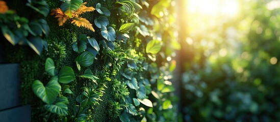 Poster - Lush green wall with various leaves and ferns illuminated by sunlight with copy space for text