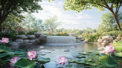 Poster - Serene natural landscape with a waterfall flowing into a pond surrounded by lush greenery and blooming lotus flowers Copy Space