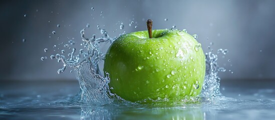 Poster - Green apple splashing into water with droplets and ripples against a blurred background Copy Space