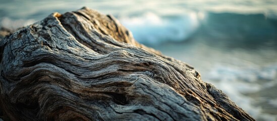 Poster - Wooden Driftwood with Textured Surface and Ocean Waves in Background Copy Space