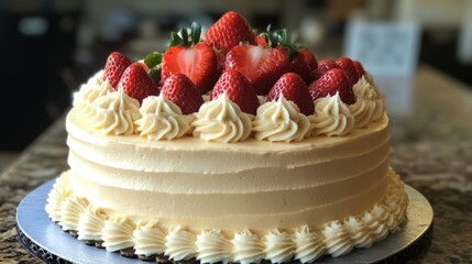 Poster - Strawberry topped cream cake with decorative frosting and fresh strawberries on a round cake stand Copy Space