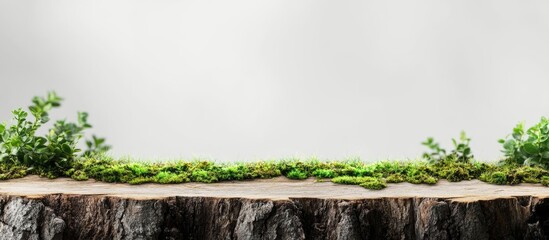 Aufkleber - Wooden surface with moss and greenery against a neutral background ideal for product display and Copy Space