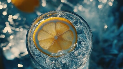 Poster - Fresh lemon slice in sparkling water with ice cubes, creating a refreshing beverage; copy space for text.