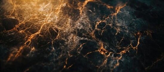 Poster - Abstract close-up of textured dark surface with golden and orange streaks resembling veins or cracks Copy Space