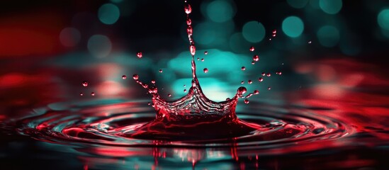 Poster - Liquid splash with droplets creating ripples in colorful illuminated background Copy Space