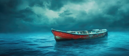 Poster - Lonely red boat floating on calm ocean water under a dramatic cloudy sky with copy space for text inclusion