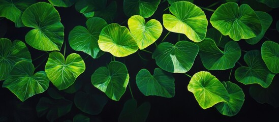 Poster - Lush green heart-shaped leaves on a dark background with natural lighting and Copy Space for text placement