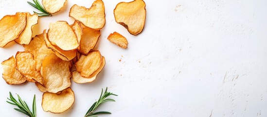 Poster - Dried potato chips with fresh rosemary on a white wooden background with Copy Space