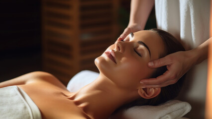 Wall Mural - Woman getting face massage adult relaxation zen-like.