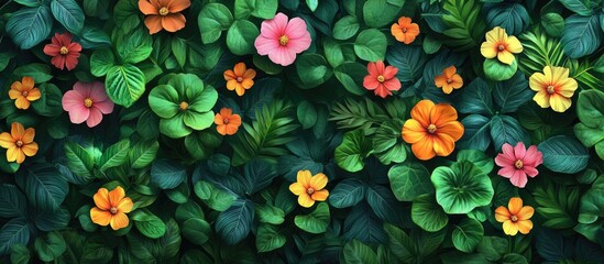 Poster - Colorful floral background with vibrant flowers and lush green leaves ideal for use as a backdrop Copy Space