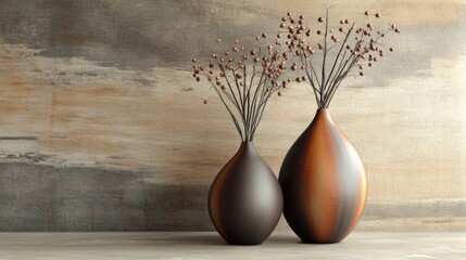 Aufkleber - Elegant ceramic vases with dried flowers on a textured background with neutral tones and Copy Space for text placement