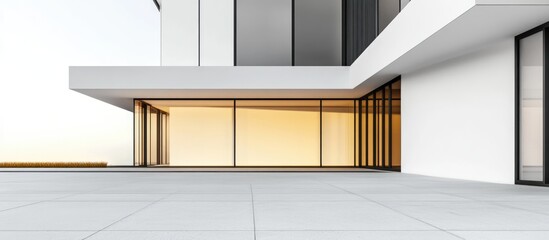 Poster - Modern architectural facade with large glass windows and concrete elements showcasing minimalist design Copy Space