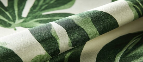 Fototapete - Close-up of green tropical leaf patterned fabric with visible textures and folds, Copy Space available for text placement