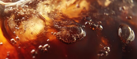Poster - Close-up of carbonated beverage with ice cubes and bubbles against a blurred background Copy Space