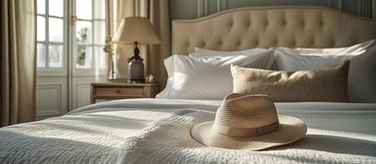 Poster - Cozy bedroom interior with a stylish hat on a neatly made bed against a backdrop of soft lighting and large windows Copy Space